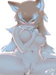  animal_ears arm_between_breasts arm_support ass_visible_through_thighs blush breasts brown_eyes brown_hair commentary_request cum cum_in_pussy dot_nose eyebrows_visible_through_hair facing_viewer fur_collar hair_between_eyes japanese_wolf_(kemono_friends) kemono_friends long_hair looking_at_viewer lying masuyama_ryou medium_breasts multicolored_hair nipples nude pussy pussy_juice saliva solo spread_legs sweat uncensored white_hair wolf_ears 