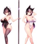  :q ahoge animal_ears asymmetrical_legwear atago_(azur_lane) azur_lane bare_legs bare_shoulders black_choker black_hair black_legwear blush bow breasts bunny_tail bunnysuit choker cleavage collarbone covered_navel geonjeonhannick hair_bow hair_ornament hair_ribbon hand_on_hip hand_on_own_head highleg highleg_leotard holding large_breasts leotard long_hair looking_at_viewer multiple_girls ponytail ribbon simple_background single_thighhigh standing stripper_pole tail takao_(azur_lane) thighhighs tongue tongue_out white_background white_bow white_choker white_ribbon yellow_eyes 