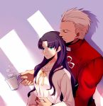  1girl archer blue_eyes blush brown_hair collarbone couple cup fate/stay_night fate_(series) hetero highres holding holding_cup hug hug_from_behind long_hair neck_ribbon ribbon shirt silver_hair toosaka_rin upper_body white_shirt yaoshi_jun yellow_ribbon 