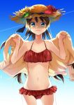  absurdres bikini blue_eyes blue_sky breasts brown_hair cleavage collarbone cowboy_shot day gradient gradient_background groin hat highres kaname_monika long_hair looking_at_viewer navel original red_bikini sky small_breasts smile solo standing straw_hat sun_hat swimsuit very_long_hair yellow_hat 