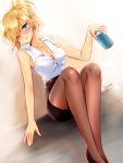  absurdres artist_name atobesakunolove blonde_hair blue_eyes blush breasts can cleavage commentary_request hair_over_one_eye high_ponytail highres medium_breasts mercy_(overwatch) one_eye_closed overwatch pantyhose ponytail sitting soda_can solo sweat 