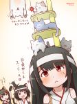  alternate_headwear black_hair black_serafuku cat commentary_request detached_sleeves enemy_lifebuoy_(kantai_collection) fusou_(kantai_collection) hair_ornament headband headgear highres japanese_clothes kantai_collection long_hair miccheru multiple_girls nontraditional_miko red_eyes remodel_(kantai_collection) school_uniform serafuku shigure_(kantai_collection) short_hair translation_request yamashiro_(kantai_collection) 