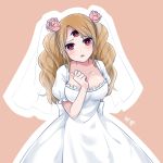  :o bangs blush breasts bridal_veil brown_hair charlotte_pudding cleavage collarbone commentary_request dress drill_hair extra_eyes flower hair_flower hair_ornament hei_sheng_yeyan long_hair looking_at_viewer medium_breasts one_piece open_mouth red_eyes solo swept_bangs third_eye veil wedding_dress white_dress 