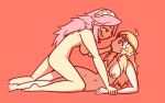  2girls areolae ass bare_arms bare_legs bare_shoulders barefoot blonde_hair breasts feet fire_emblem fire_emblem_if grabbing hair hanging_breasts headband kneeling legs long_hair lowres lying midriff multiple_girls nintendo nipples nude ophelia_(fire_emblem_if) pink_eyes pink_hair rollep sex simple_background smile soleil_(fire_emblem_if) thighs tongue tongue_out yellow_eyes yuri 