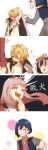  3girls 4koma :d absurdres aqua_eyes blonde_hair blue_eyes blue_hair blush bobby_pin bukei cape closed_mouth comic crossover darling_in_the_franxx fang hairband half-closed_eyes heart heart_in_mouth highres horns ichigo_(darling_in_the_franxx) long_hair looking_away looking_down military military_uniform motion_lines multiple_girls navel necktie open_mouth orange_neckwear pink_hair red_horns red_neckwear rolling_sleeves_up simple_background sleeve_tug smile smirk surprised translation_request uniform violet_evergarden violet_evergarden_(character) white_background white_cape white_hairband zero_two_(darling_in_the_franxx) 