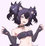  :d animal_ears aqua_eyes bangs bare_shoulders black_gloves black_hair bow breasts cerberus_(kemono_friends) cleavage collar collarbone commentary disco_brando dog_ears dog_girl dog_tail elbow_gloves english_commentary eyeliner fangs fingerless_gloves gloves gradient gradient_background hair_between_eyes hair_ornament highres jewelry kemono_friends lipstick looking_at_viewer makeup medium_breasts navel necklace open_mouth pink_background pink_lips purple_bow scar scar_across_eye short_hair smile solo spiked_collar spikes stomach strapless tail tubetop twintails twitter_username two_side_up upper_body 