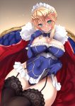  adapted_costume ahoge aqua_eyes areola_slip areolae artoria_pendragon_(all) artoria_pendragon_(lancer) bangs bare_shoulders blonde_hair blue_gloves blue_leotard blush braid breasts cape cleavage commentary couch covered_navel crown eyebrows_visible_through_hair fate/grand_order fate_(series) floral_print french_braid frills fur-trimmed_cape fur_trim garter_straps gauntlets gloves gradient gradient_background groin hair_between_eyes head_tilt highleg highleg_leotard highres lace lace-trimmed_thighhighs large_breasts leotard lingerie lips maid_headdress microskirt nose_blush parted_lips pink_lips red_cape shiny shiny_skin sidelocks sitting skirt solo swept_bangs thighhighs thighs underwear untsue 
