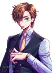  bellomi918 brown_hair character_name code_geass earrings green_eyes grey_shirt jewelry kururugi_suzaku looking_at_viewer male_focus necktie shirt simple_background solo striped striped_neckwear upper_body watch white_background wristwatch 