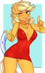  2018 absurd_res anthro applejack_(mlp) clothing cosplay digital_media_(artwork) ear_piercing earth_pony equine eyelashes female friendship_is_magic hair hi_res horse long_hair looking_at_viewer makeup mammal my_little_pony one_eye_closed panty_(pswg) panty_and_stocking_with_garterbelt piercing pony pussy solo twistedscarlett60 underwear 