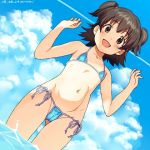  akagi_miria baba_arumi bikini black_hair brown_eyes cameltoe cloud cloudy_sky commentary_request condensation_trail day idolmaster idolmaster_cinderella_girls lowres ocean open_mouth short_hair sky solo swimsuit twintails 