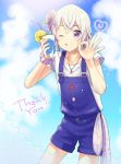  ;q cup day dorifesu! drink drinking_glass drinking_straw english flower glass hair_flower hair_ornament holding jewelry kikuchi_mataha looking_at_viewer male_focus necklace one_eye_closed overall_shorts overalls purple_eyes purple_hair sawamura_chizuru sky smile solo thank_you tongue tongue_out 