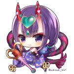  bare_shoulders black_legwear blush chibi closed_mouth commentary_request detached_sleeves fangs fangs_out fate/grand_order fate_(series) frilled_sleeves frills full_body headpiece heart horns long_hair long_sleeves looking_at_viewer no_shoes oni oni_horns purple_eyes purple_hair purple_sleeves short_eyebrows shuten_douji_(fate/grand_order) shuten_douji_(halloween)_(fate) simple_background sleeves_past_fingers sleeves_past_wrists smile solo star star_print stirrup_legwear thick_eyebrows toeless_legwear twitter_username white_background wide_sleeves yukiyuki_441 