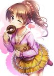  bag bangs blush breasts brown_hair cleavage collarbone doughnut eating eyebrows_visible_through_hair floating_hair food frilled_skirt frills hair_ornament hair_scrunchie highres idolmaster idolmaster_cinderella_girls jewelry layered_skirt leg_up long_hair long_sleeves looking_at_viewer medium_breasts ment miniskirt necklace paper_bag pink_scrunchie pink_shirt pleated_skirt ponytail purple_eyes red_footwear scrunchie shadow shiina_noriko shiny shiny_hair shirt simple_background skirt solo standing standing_on_one_leg swept_bangs white_background yellow_skirt 
