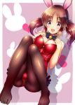  :d animal_ears ass black_bow black_legwear blush bow bowtie breasts brown_hair bunny_ears bunnysuit choker cleavage covered_nipples floating_hair full_body highres idolmaster idolmaster_cinderella_girls leotard long_hair looking_at_viewer lying medium_breasts ment no_shoes on_back open_mouth pantyhose red_leotard shiny shiny_hair smile solo strapless strapless_leotard totoki_airi twintails yellow_eyes 