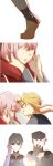  2girls 4koma absurdres aqua_eyes black_hair blonde_hair bodysuit bukei character_request closed_eyes comic crossover darling_in_the_franxx glasses glowing hand_on_another's_face hand_on_own_face head_to_head highres hiro_(darling_in_the_franxx) horns long_hair military military_uniform multiple_boys multiple_girls pink_hair red_bodysuit red_horns red_neckwear short_hair simple_background uniform violet_evergarden violet_evergarden_(character) yuri zero_two_(darling_in_the_franxx) 