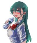  agtt25333 aqua_eyes aqua_hair blush bottle bow bowtie breasts collared_shirt eyebrows_visible_through_hair hair_between_eyes hair_ornament hair_over_shoulder hairclip highres holding holding_bottle kantai_collection long_hair loose_bowtie no_jacket open_mouth red_neckwear round_teeth shirt short_sleeves smile solo suzuya_(kantai_collection) sweat teeth upper_body water white_shirt 