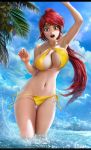  1girl aleskaart arm_up armpits beach bikini blue_sky breasts cameltoe cleavage cloud forehead_protector green_eyes groin jewelry large_breasts looking_at_viewer navel ocean open_mouth partially_submerged pyrrha_nikos red_hair rwby sky solo splash swimsuit thighs untied untied_bikini water waving wet yellow_bikini 