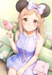 animal_ears bag bare_arms bare_shoulders blush bow breasts brown_eyes closed_mouth commentary_request dress food from_above hair_bow hand_on_lap highres holding holding_food idolmaster idolmaster_shiny_colors light_brown_hair long_hair looking_at_viewer looking_up medium_breasts mickey_mouse_ears mouse_ears on_bench polka_dot polka_dot_bow popsicle purple_bow purple_dress sakuragi_mano shiratama_akane shoulder_bag signature sitting sleeveless sleeveless_dress smile solo twitter_username 