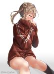  alternate_costume black_legwear blush commentary_request double_bun gradient gradient_background jacket juurouta kantai_collection light_brown_hair long_hair long_sleeves looking_at_viewer michishio_(kantai_collection) no_pants remodel_(kantai_collection) short_twintails sitting socks solo sportswear twintails twitter_username 