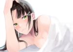  bed_sheet black_hair breasts cleavage collarbone eyebrows_visible_through_hair green_eyes kawaoka_(tsuchinokome) kurosawa_dia long_hair looking_at_viewer love_live! love_live!_sunshine!! mole mole_under_mouth nude parted_lips small_breasts solo under_covers upper_body 