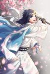  black_hair blue_eyes blurry bridal_gauntlets cherry_blossoms depth_of_field haori headband highres japanese_clothes katana kimono kiwame_(touken_ranbu) male_focus mole mole_under_eye open_mouth petals scarf shinsengumi smile sword touken_ranbu tsubsa_syaoin weapon yamato-no-kami_yasusada 