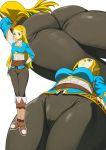  1girl ass black_pants blonde_hair boots braid breasts cameltoe from_below full_body gloves green_eyes hakuto7u highres medium_breasts nintendo pants pointy_ears princess_zelda simple_background skin_tight smile solo_focus the_legend_of_zelda the_legend_of_zelda:_breath_of_the_wild thighs tight tight_pants white_background 