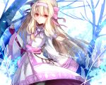  ainu_clothes bangs bare_tree black_legwear blonde_hair bow closed_mouth commentary_request eyebrows_visible_through_hair fate/grand_order fate_(series) fingerless_gloves gloves hair_between_eyes hair_bow hairband hand_up head_tilt highres illyasviel_von_einzbern long_hair long_sleeves pantyhose pekerika pink_bow pink_ribbon purple_gloves red_eyes ribbon sitonai smile solo standing sword tree very_long_hair weapon white_hairband wide_sleeves 
