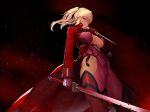  bangs belt blonde_hair bodysuit breasts center_opening cleavage closed_mouth coat commentary_request cowboy_shot cross-laced_clothes gloves hair_ribbon holding holding_sword holding_weapon kageshio_(276006) large_breasts looking_at_viewer open_clothes open_coat red_background red_clothes red_eyes ribbon shinganji_kurenai shiny shiny_skin short_twintails solo standing sword taimanin_(series) taimanin_kurenai thighhighs thighs trench_coat twintails weapon 