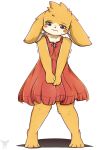  ambiguous_gender anthro blush brown_fur clothed clothing dress fur grey_fur lagomorph mammal minhpupu rabbit simple_background solo white_fur 