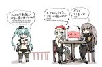  bottle chair commentary cup english girls_frontline highres micro_uzi_(girls_frontline) milk milk_bottle mp5_(girls_frontline) multiple_girls omnisucker pantyhose speech_bubble table thighhighs ump45_(girls_frontline) white_background 