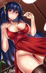  ahoge azur_lane bad_id bad_pixiv_id bangs bare_shoulders black_hair blush breasts brown_legwear cleavage closed_mouth collarbone commentary_request cup dress drinking_glass earrings farys_(afopahqfw) hair_ornament hand_on_own_chest highres hips jewelry large_breasts long_hair looking_at_viewer parted_lips red_dress red_eyes solo taihou_(azur_lane) thighhighs thighs 