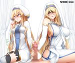  2girls armlet artist_name bangs bare_shoulders black_skirt blindfold blonde_hair blue_eyes blush breasts bridal_gauntlets censored covered_nipples curtains detached_sleeves dress erection eyebrows_visible_through_hair ffm_threesome ginhaha goblin_slayer! group_sex habit hair_between_eyes handjob hat hetero jewelry large_breasts long_hair long_sleeves looking_at_viewer looking_away mosaic_censoring multiple_girls multiple_handjob necklace no_bra no_panties nose_blush open_mouth parted_lips penis pleated_skirt pov priestess_(goblin_slayer!) ring sideboob sitting skirt sword_maiden thighhighs threesome very_long_hair white_dress white_hat wide_sleeves 