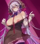  1girl ark_order bangs blue_eyes bow breasts collar commentary_request elbow_gloves gloves highres large_breasts long_hair maid maid_headdress nightgown nipples panties panty_pull parted_lips purple-framed_eyewear purple_background purple_bow red_cucumber see-through silver_hair solo underwear 