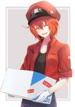  ae-3803 black_shirt blue_pants box closed_eyes collarbone gloves hair_between_eyes hat hataraku_saibou head_tilt highres holding holding_box jacket open_clothes open_jacket open_mouth pants red_hair red_hat red_jacket shiny shiny_hair shirt short_hair smile solo standing white_gloves yurya_v_orlov 