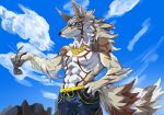  abs anthro biceps canine claws clothed clothing cloud ear_piercing eyewear fur glasses green_eyes jewelry male mammal manly muscular navel necklace outside pecs piercing portrait pt seth_(tas) sharp_claws shorts smile solo standing tokyo_afterschool_summoners topless triceps wolf 