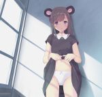  animal_ears bangs bear_ears black_dress blush bow bow_panties brown_hair choker collarbone commentary_request cross day dress dress_lift eyebrows_visible_through_hair grey_hair highres houmitsu lifted_by_self long_hair looking_at_viewer navel original panties parted_lips purple_eyes solo standing swept_bangs thighs underwear white_panties window window_shade 