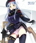  1girl assault_rifle bangs beret black_legwear blunt_bangs blush breasts character_name clothes_writing commentary_request embarrassed eyebrows_visible_through_hair facial_mark german_flag girls_frontline gloves green_eyes gun hair_ornament hat heckler_&amp;_koch hk416 hk416_(girls_frontline) holding holding_gun holding_weapon jacket long_hair looking_at_viewer magazine_(weapon) medium_breasts open_mouth panties pink_panties plaid plaid_skirt rifle silver_hair skirt skirt_lift super_zombie surprised teardrop thighhighs thighs twitter_username underwear very_long_hair weapon 
