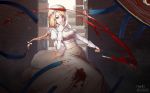 blonde_hair blood bloody_clothes bloody_weapon brown_eyes covering_mouth dated day dress floating_hair hand_over_own_mouth hat hataraku_saibou highres long_dress long_hair long_sleeves looking_at_viewer macrophage_(hataraku_saibou) melt} outdoors smile solo standing weapon white_dress white_hat 