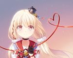  blonde_hair collarbone commentary_request detached_sleeves gloves hat hatsuzuki_(zhan_jian_shao_nyu) heart heart_of_string long_hair looking_at_viewer mini_hat philomelalilium pink_eyes portrait red_string simple_background smile string tilted_headwear twintails zhan_jian_shao_nyu 