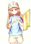  absurdres apple_ringo blonde_hair blue_shirt blush brown_eyes character_name collarbone cowboy_shot eyebrows_visible_through_hair flag floating_hair grey_hat hair_between_eyes hataraku_saibou highres holding holding_flag long_hair platelet_(hataraku_saibou) shirt short_shorts short_sleeves shorts simple_background solo standing very_long_hair white_background white_shorts 