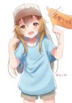  :d blonde_hair blue_shirt blush brown_eyes character_name collarbone cowboy_shot grey_hat grey_shorts hair_between_eyes hataraku_saibou head_tilt highres holding long_hair looking_at_viewer open_mouth platelet_(hataraku_saibou) shirt short_shorts short_sleeves shorts simple_background smile solo standing sy_1755 twitter_username white_background 