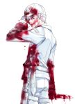  blood blood_on_face bloody_clothes bloody_knife cowboy_shot from_behind hair_between_eyes hair_over_one_eye hat hataraku_saibou holding holding_knife jacket knife male_focus nagiayase pants silver_hair simple_background solo standing u-1146 uniform white_background white_blood_cell_(hataraku_saibou) white_hat white_jacket white_pants 