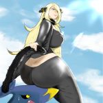  1girl artist_request ass blonde_hair blue_eyes breasts butt_crack coat creatures_(company) game_freak garchomp gen_4_pokemon hair_ornament hair_over_one_eye highres large_breasts long_hair looking_down nintendo pants pokemon pokemon_(game) pokemon_dppt shiny shiny_clothes shiny_hair shirona_(pokemon) sideboob very_long_hair 