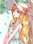  against_tree bangs blonde_hair character_request collarbone day dress floral_print flower hat hat_flower highres long_hair open_mouth outdoors pink_flower print_dress red_eyes sleeveless sleeveless_dress solo sun_hat swept_bangs tenkobu01 tree upper_body very_long_hair white_hat yellow_flower 