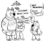 &lt;3 3_toes 5_fingers ? ^_^ akita anthro barefoot black_and_white blush canine cheek_tuft clothed clothing crossed_arms dog english_text eyebrows eyes_closed fully_clothed gab_shiba gabshiba group half-closed_eyes hand_in_pocket hand_on_head head_tuft jacket jeans larger_male line_art male male/male mammal monochrome open_mouth pants pit_bull ruff_pitbull shiba_inu shirt shorts simple_background size_difference smaller_male smile standing sweat sweatdrop sweater t-shirt text toes tuft voff_akihabara white_background 
