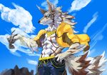  abs anthro canine claws clothed clothing cloud ear_piercing eyewear fur glasses green_eyes jacket jewelry male mammal manly muscular navel necklace outside pecs piercing portrait pt seth_(tas) sharp_claws shorts smile solo standing tokyo_afterschool_summoners wolf 