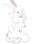  breasts butt female hair kneeling lagomorph long_hair looking_back mammal nipples one_eye_closed open_mouth paperclip_(artist) rabbit rear_view side_boob simple_background solo teeth white_background 