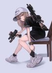  adjusting_sock battle_rifle black_dress brown_eyes chair dress eyebrows_visible_through_hair glock gradient gradient_background gun handgun hat heckler_&amp;_koch highres hk417 holding holding_gun holding_weapon koh_(minagi_kou) light_brown_hair long_hair looking_at_viewer open_mouth original rifle shoes sitting sneakers solo stussy trigger_discipline weapon white_background 