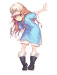  black_footwear blonde_hair blue_shirt boots brown_eyes character_name floating_hair hair_between_eyes haitang hat hataraku_saibou highres leaning_forward long_hair open_mouth outstretched_arm platelet_(hataraku_saibou) shiny shiny_hair shirt short_shorts short_sleeves shorts simple_background solo standing very_long_hair white_background white_hat white_shorts 