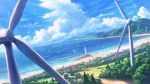  beach bird blue_sky building cloud cloudy_sky commentary_request day dutch_angle flock forest horizon island lighthouse mountain nature no_humans ocean official_art original outdoors road scenery seagull shiki_makoto shore sky town tree water wind_turbine windmill 